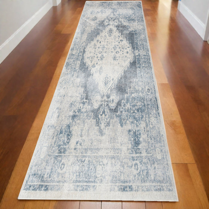 10' Blue Oriental Power Loom Distressed Washable Runner Rug