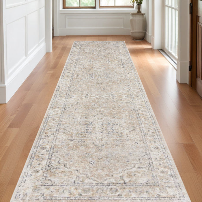 10' Beige Oriental Power Loom Washable Runner Rug