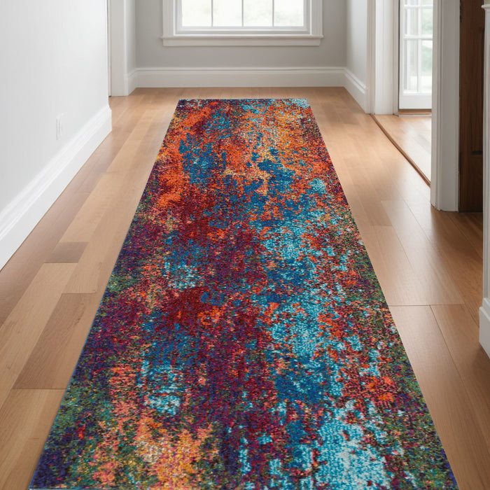 10' Blue and Orange Abstract Power Loom Runner Rug