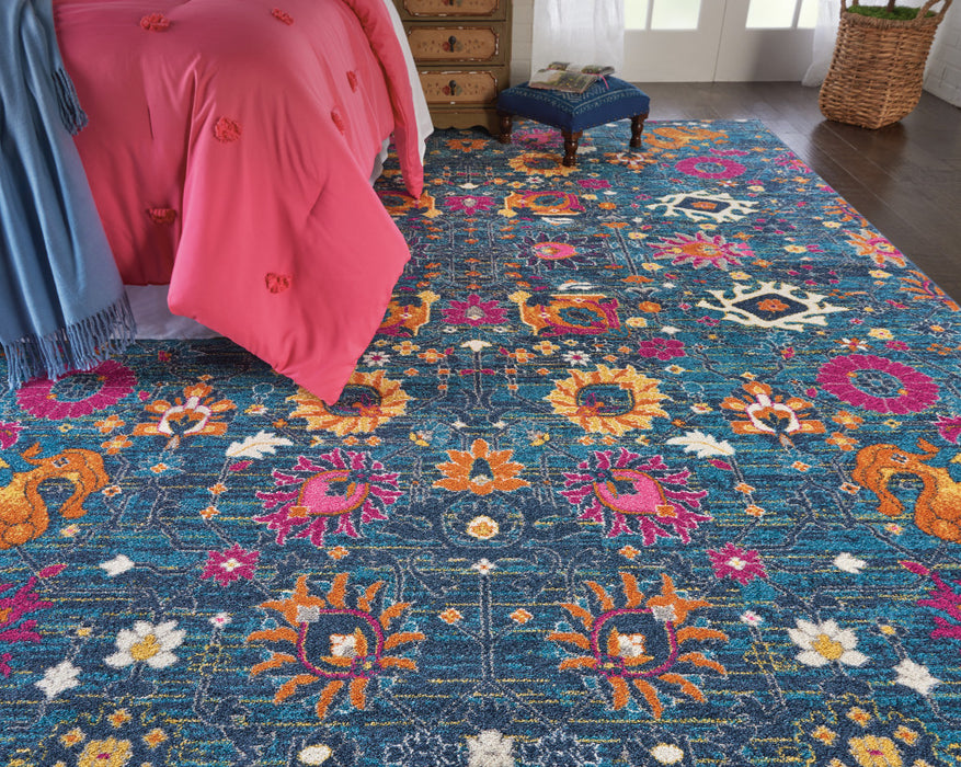 9' X 12' Blue Floral Power Loom Area Rug