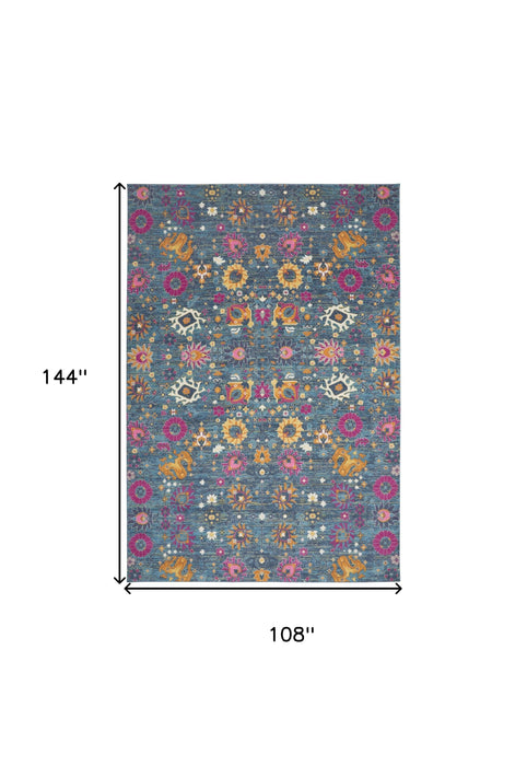 9' X 12' Blue Floral Power Loom Area Rug