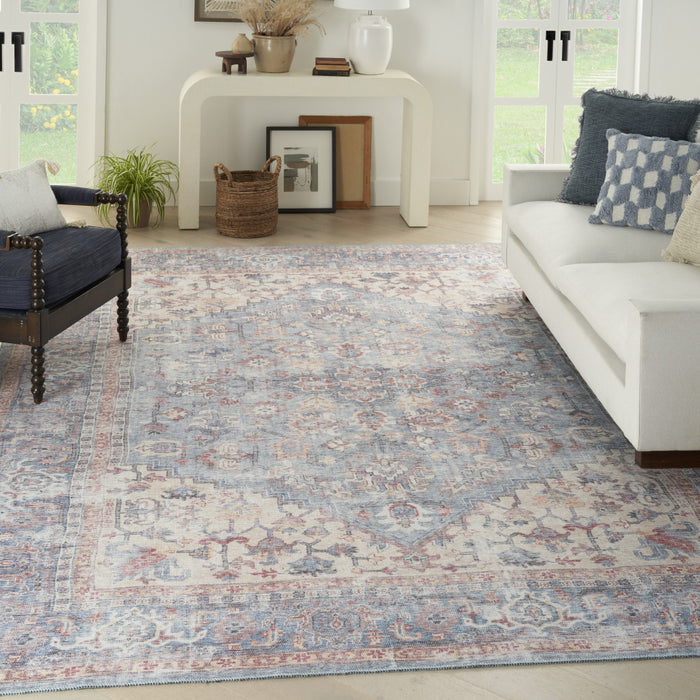 9' X 12' Blue Floral Power Loom Distressed Area Rug