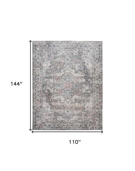 9' X 12' Gray Floral Power Loom Distressed Washable Area Rug