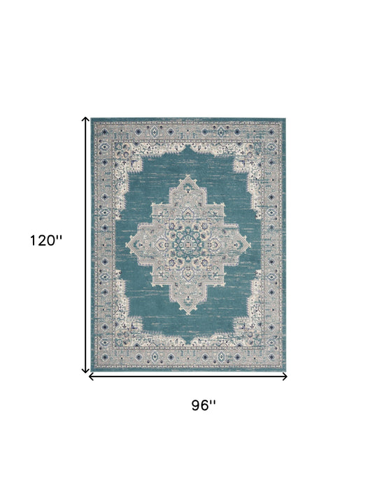 8' X 10' Aqua Floral Power Loom Distressed Area Rug