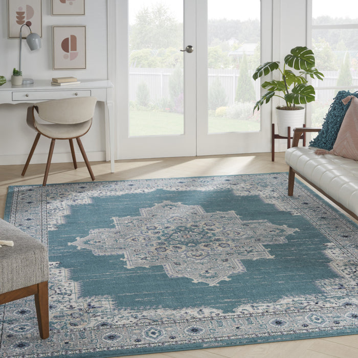 8' X 10' Aqua Floral Power Loom Distressed Area Rug