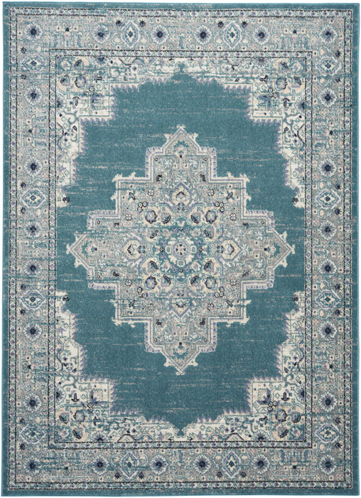 5' X 7' Aqua Floral Power Loom Distressed Area Rug