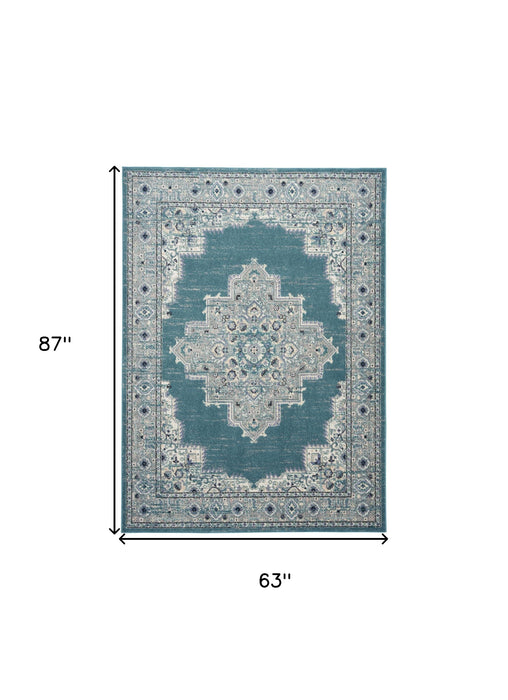 5' X 7' Aqua Floral Power Loom Distressed Area Rug