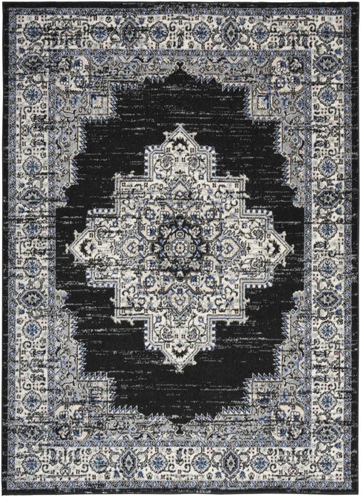 5' X 7' Black Floral Power Loom Distressed Area Rug