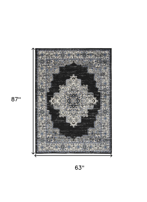 5' X 7' Black Floral Power Loom Distressed Area Rug