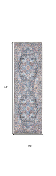 8' Blue Floral Power Loom Distressed Washable Runner Rug