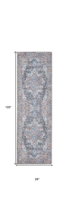 10' Blue Floral Power Loom Distressed Washable Runner Rug