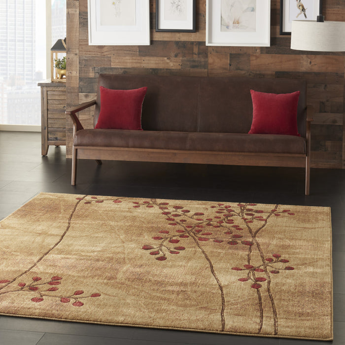 7' Brown and Red Square Floral Power Loom Area Rug