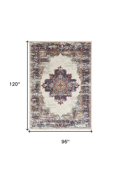 8' X 10' Cream Floral Power Loom Distressed Area Rug