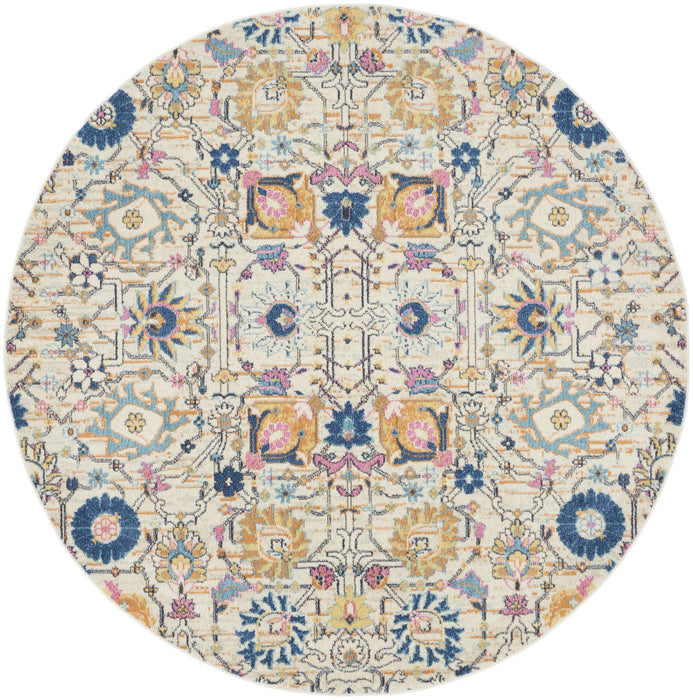 8' Cream Round Floral Power Loom Area Rug