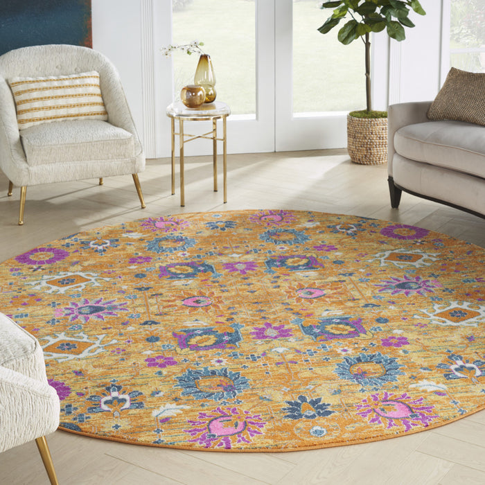 8' Gold Round Floral Power Loom Area Rug