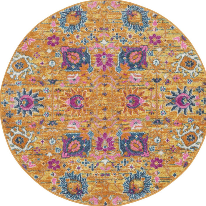 4' Gold Round Floral Power Loom Area Rug