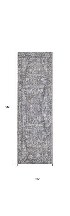 8' Gray Floral Power Loom Distressed Washable Runner Rug