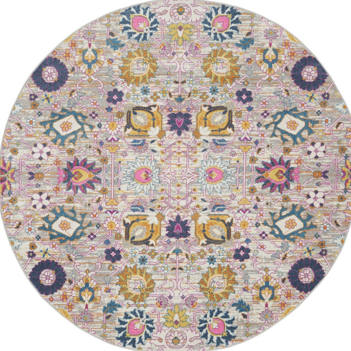 8' Gray Round Floral Power Loom Area Rug