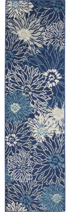 10' Navy Blue Floral Power Loom Runner Rug