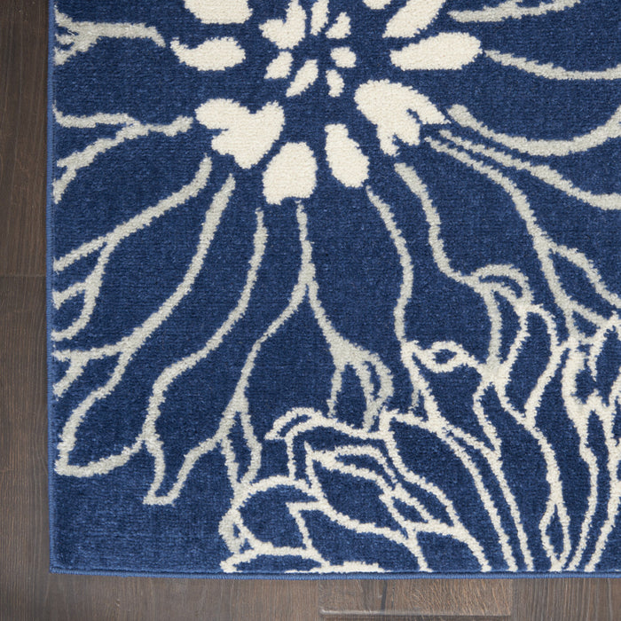 10' Navy Blue Floral Power Loom Runner Rug