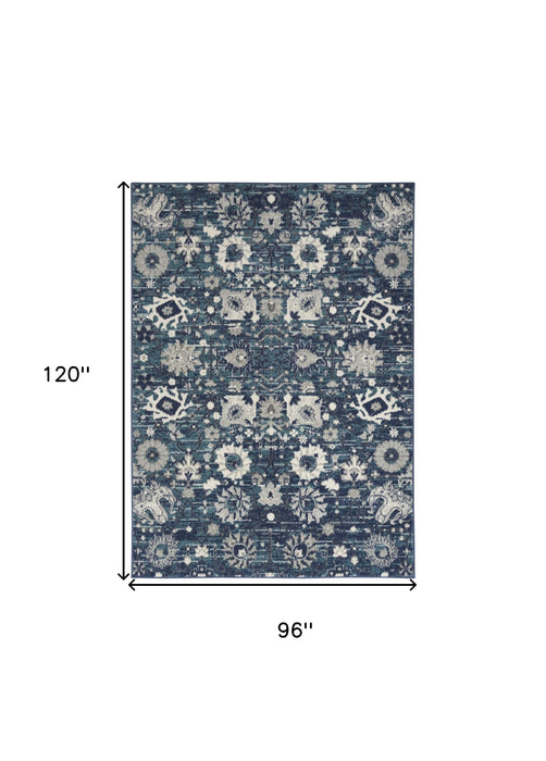 8' X 10' Navy Blue Floral Power Loom Distressed Area Rug