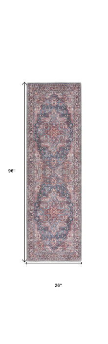 8' Red Floral Power Loom Distressed Washable Runner Rug