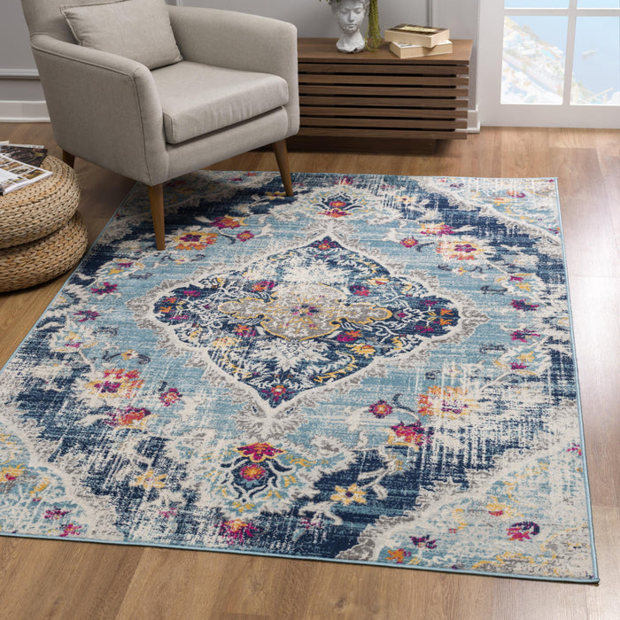 5' Blue and Gray Oriental Distressed Round Rug