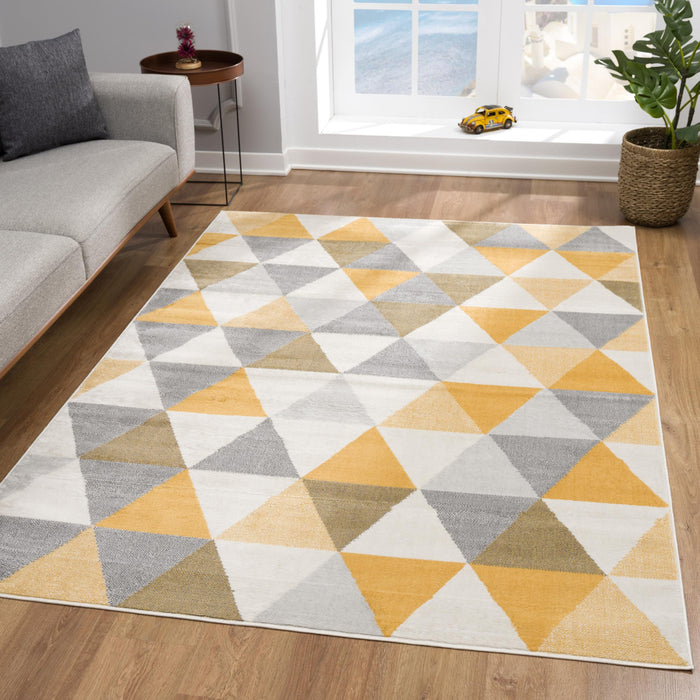 8' Yellow Round Geometric Washable Non Skid Area Rug