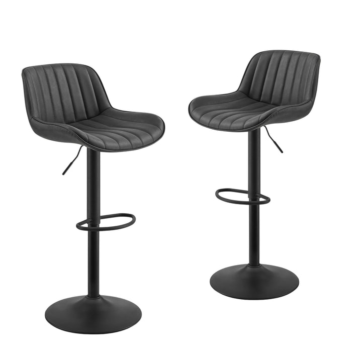 Set of Two 31" Black Faux Leather And Steel Swivel Low Back Adjustable Height Bar Chairs