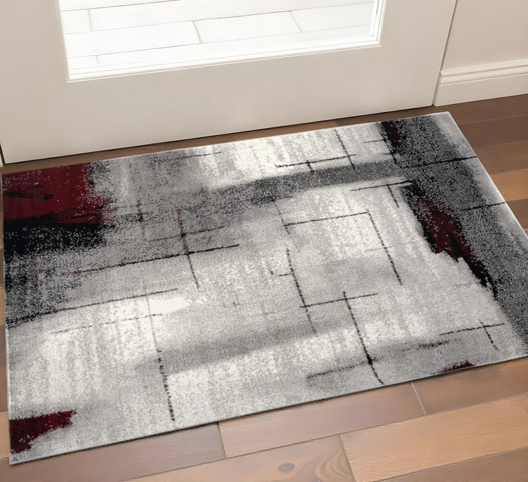 2' X 3' Gray and Red Abstract Distressed Area Rug