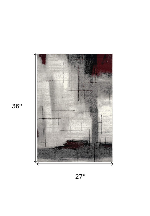 2' X 3' Gray and Red Abstract Distressed Area Rug