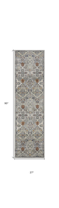 8' Green and Ivory Floral Power Loom Runner Rug