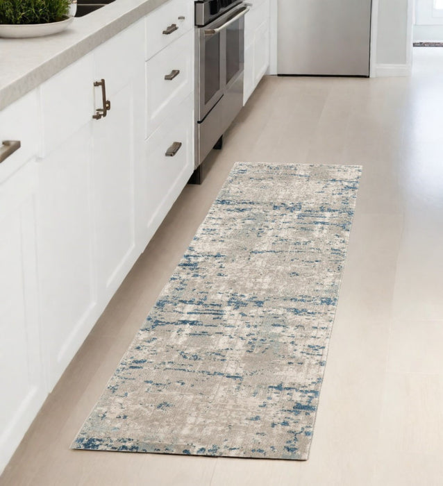 8' Blue and Gray Abstract Power Loom Runner Rug