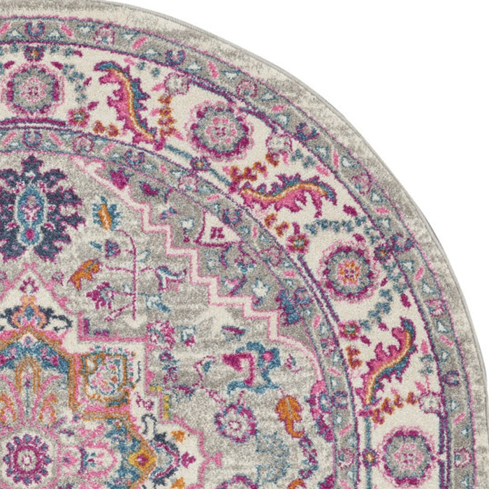 5' Gray Round Floral Power Loom Area Rug