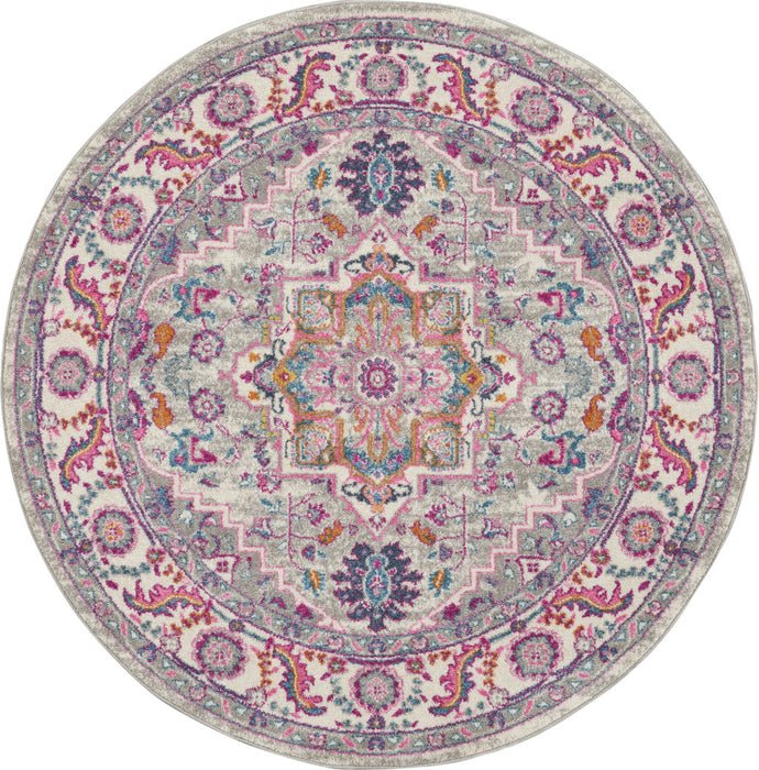 5' Gray Round Floral Power Loom Area Rug