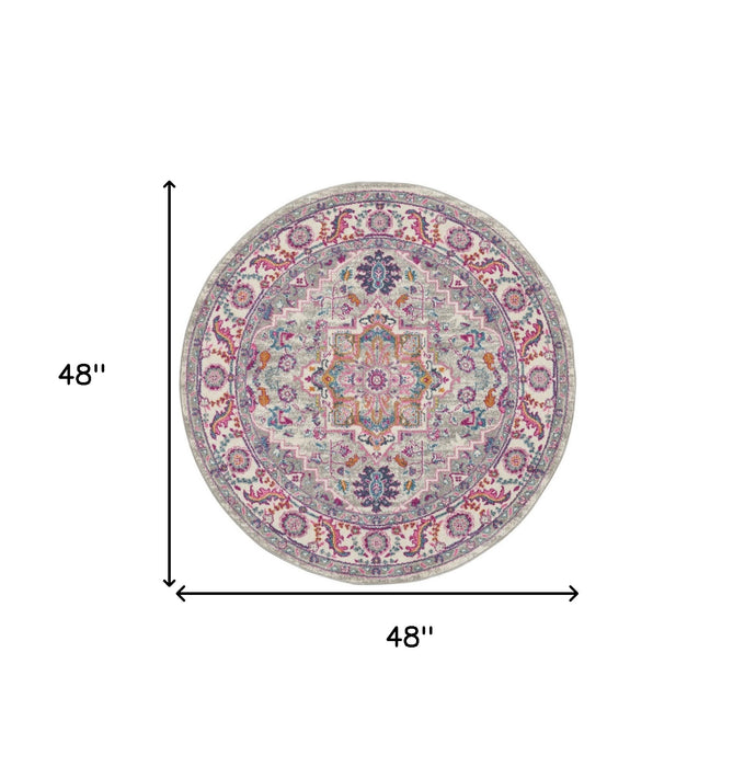 4' Gray Round Floral Power Loom Area Rug