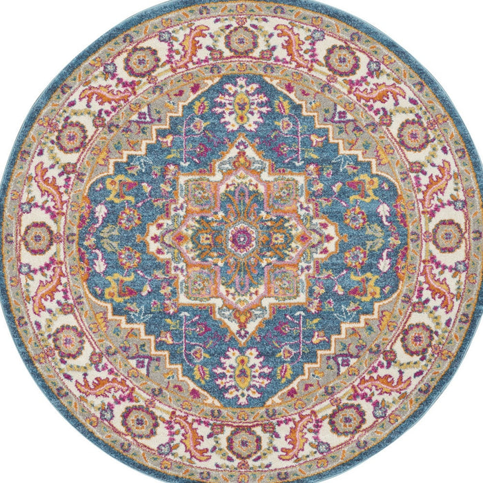 5' Gray Round Floral Power Loom Area Rug