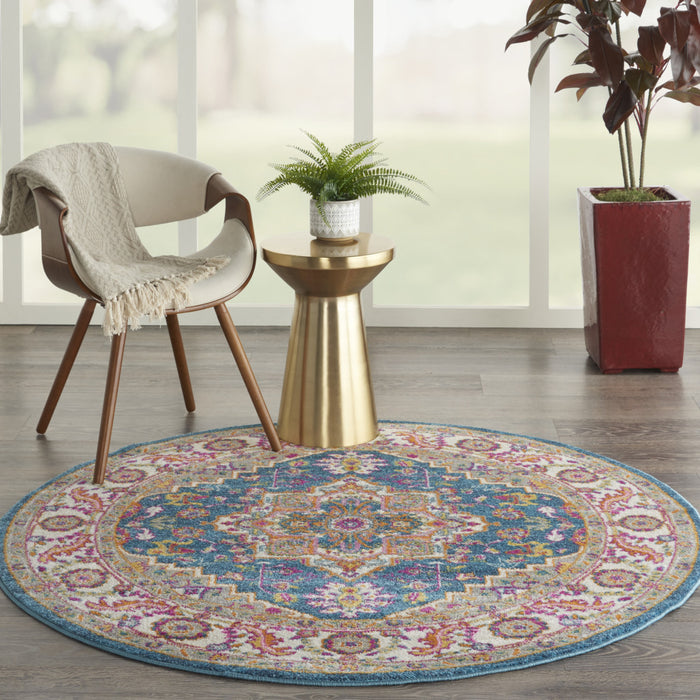 5' Gray Round Floral Power Loom Area Rug