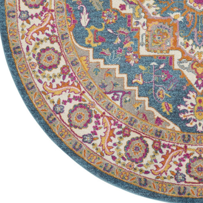 8' Gray Round Floral Power Loom Area Rug