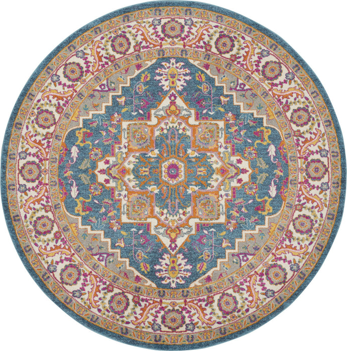 8' Gray Round Floral Power Loom Area Rug