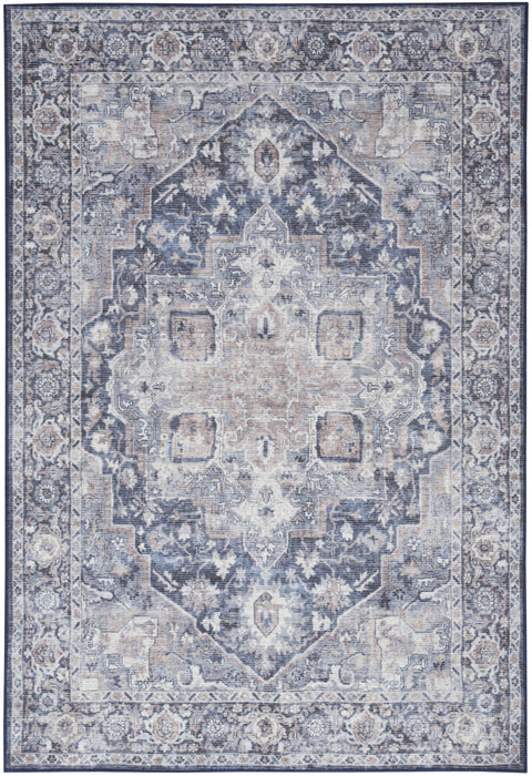 5' X 7' Blue And Pink Floral Power Loom Distressed Washable Area Rug