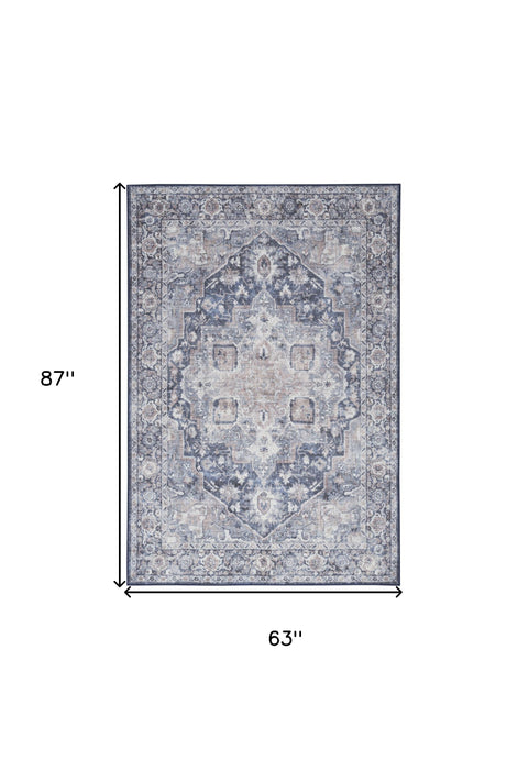 5' X 7' Blue And Pink Floral Power Loom Distressed Washable Area Rug