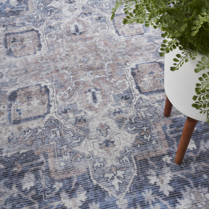 8' X 10' Blue And Pink Floral Power Loom Distressed Washable Area Rug