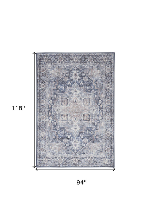 8' X 10' Blue And Pink Floral Power Loom Distressed Washable Area Rug