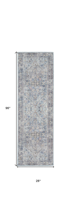 8' Gray Floral Power Loom Distressed Washable Runner Rug