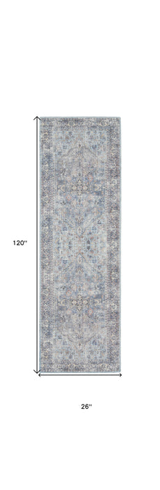 10' Gray Floral Power Loom Distressed Washable Runner Rug