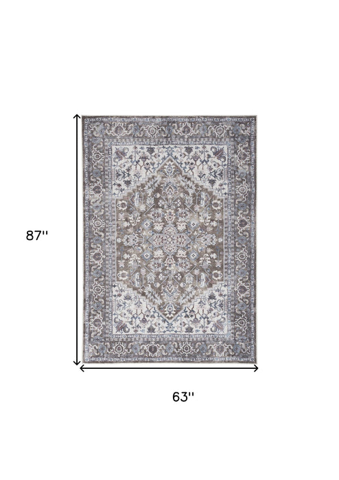 5' X 7' Gray Floral Power Loom Distressed Washable Area Rug