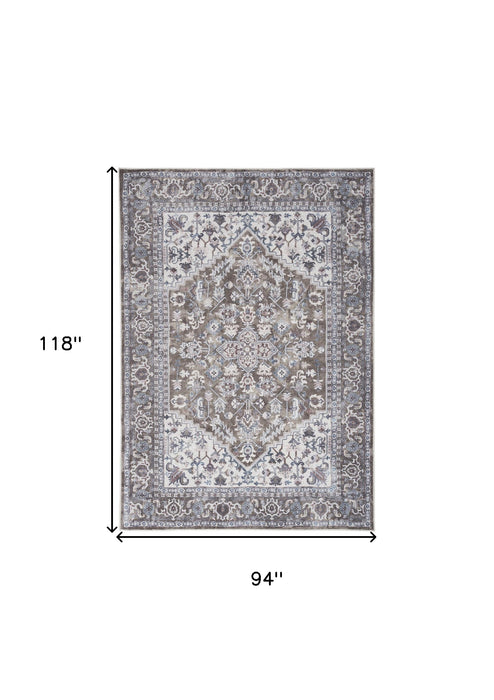 8' X 10' Gray Ivory and Blue Floral Distressed Washable Area Rug