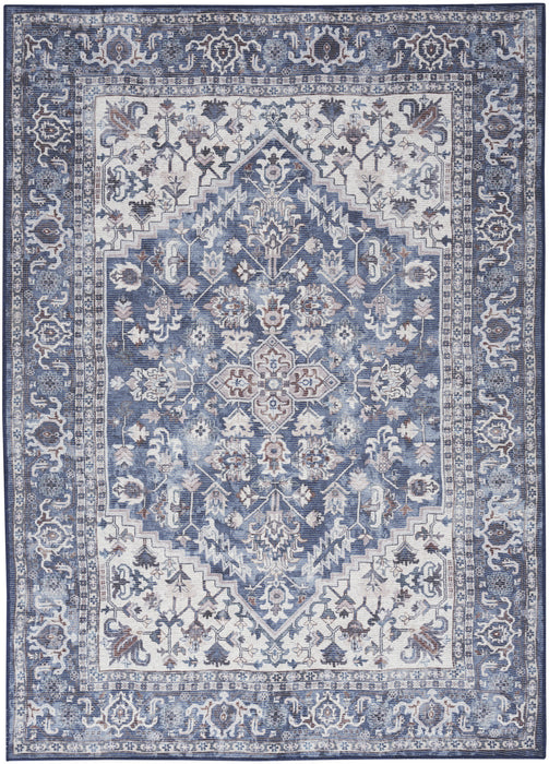 5' X 7' Gray Ivory and Blue Floral Power Loom Distressed Washable Area Rug