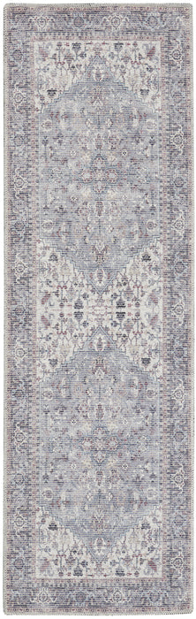 8' Gray Floral Power Loom Distressed Washable Runner Rug